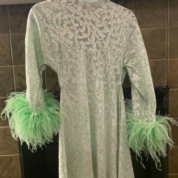 NWOT Dana Foley NYC Cowl Neck Feather Dress Green Lurex - Picture 5 of 5